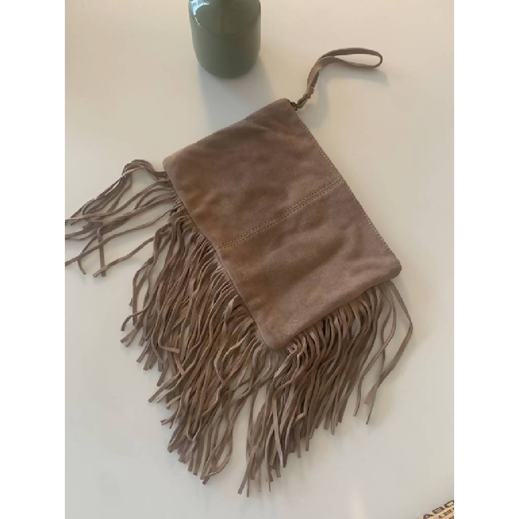 Suede clutch bag with fringe